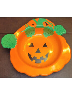 1980s Vintage Ullman Plastic Halloween Pumpkin Candy Dish Bowl Cat Witch [COPY]